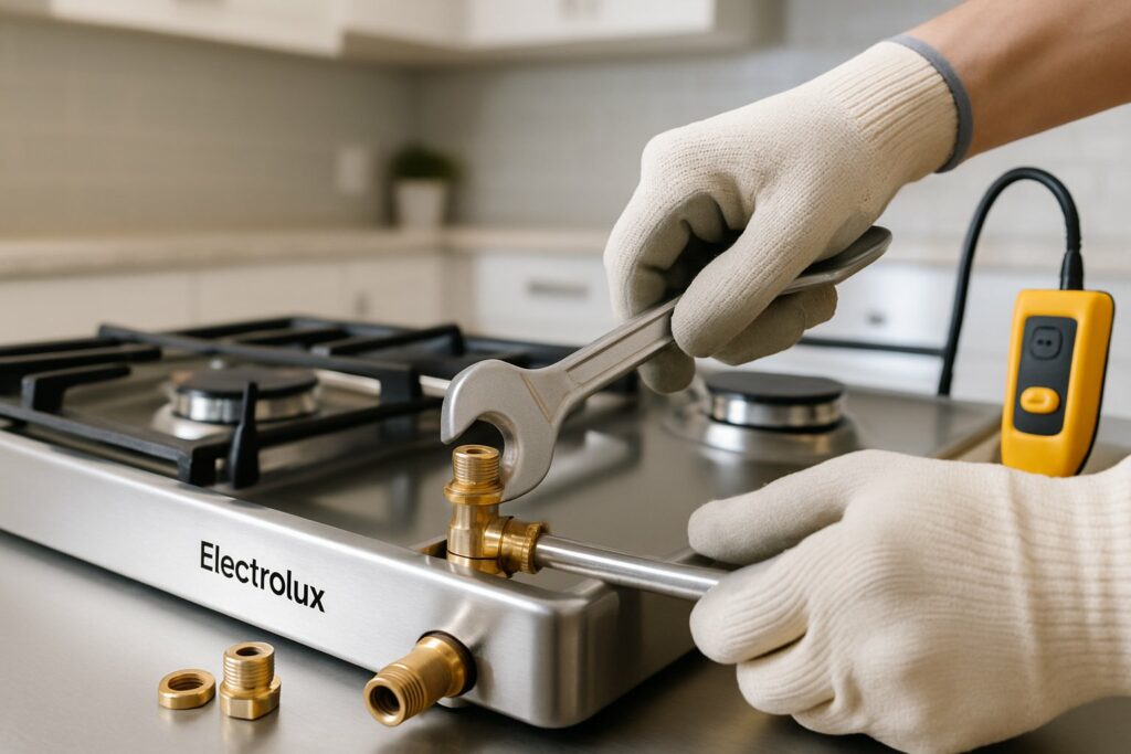 Técnico realizando a conversão de um fogão Electrolux para gás encanado em uma cozinha.