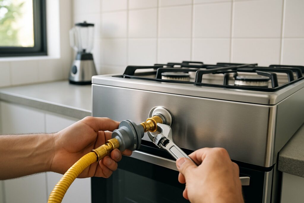 Técnico ajustando a conexão de gás em um fogão Brastemp em uma cozinha moderna.
