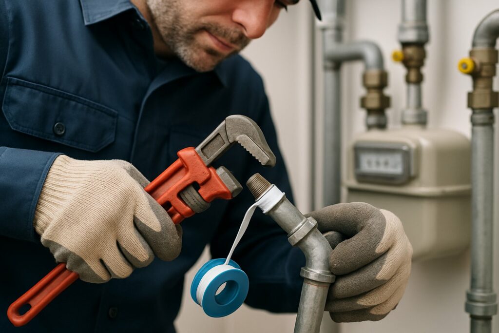 Técnico reparando uma tubulação de gás com ferramentas em ambiente interno.