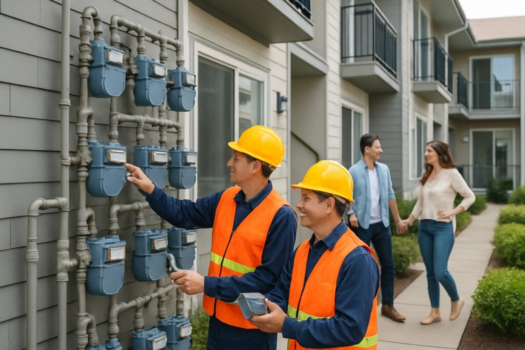 Condomínio moderno com medidores de gás individuais instalados e técnicos inspecionando os equipamentos enquanto moradores interagem ao fundo.