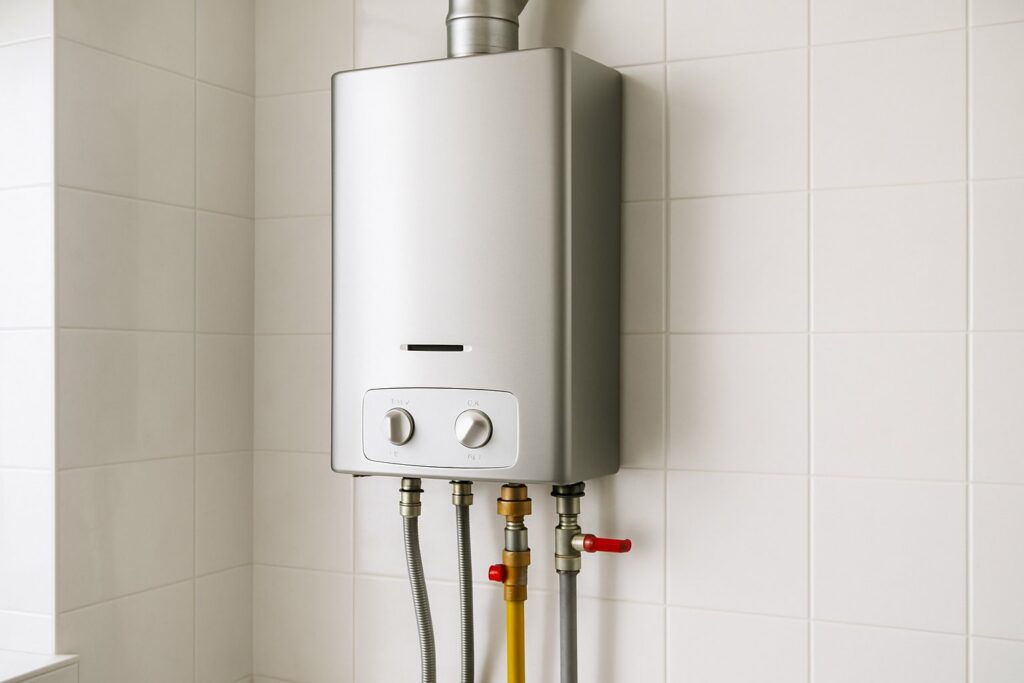 Aquecedor a gás instalado na parede de um banheiro ou área de serviço, com tubulações e válvulas visíveis.