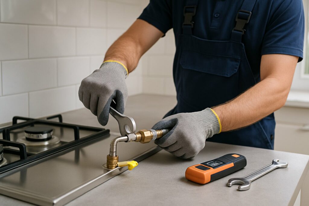 Técnico conectando um fogão a gás encanado em uma cozinha moderna.