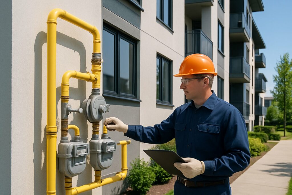 Técnico de manutenção inspecionando a rede de gás em um condomínio moderno com edifícios e área verde ao fundo.