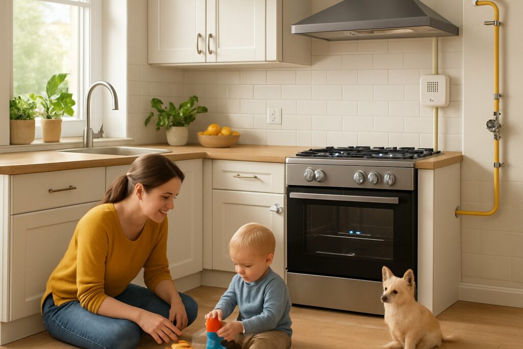 Cozinha moderna com uma mãe observando uma criança brincando no chão e um cachorro próximo, mostrando um ambiente seguro com fogão a gás e equipamentos de segurança.