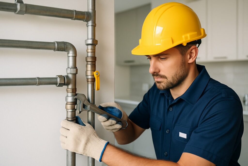 Técnico realizando manutenção preventiva em sistema de gás encanado dentro de uma cozinha moderna.