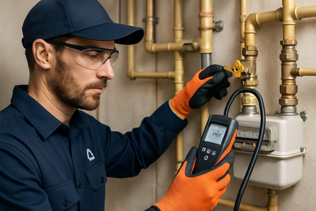 Técnico realizando teste de estanqueidade em rede de gás residencial, usando equipamento de detecção e vestindo equipamento de segurança.