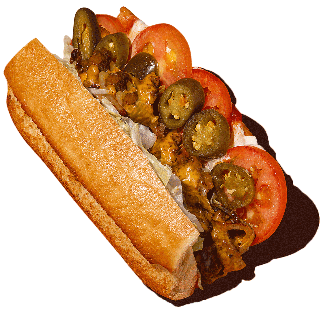 Chopped cheese sandwich loaded with ground beef, melted cheese, fresh veggies, and spicy jalapeños.