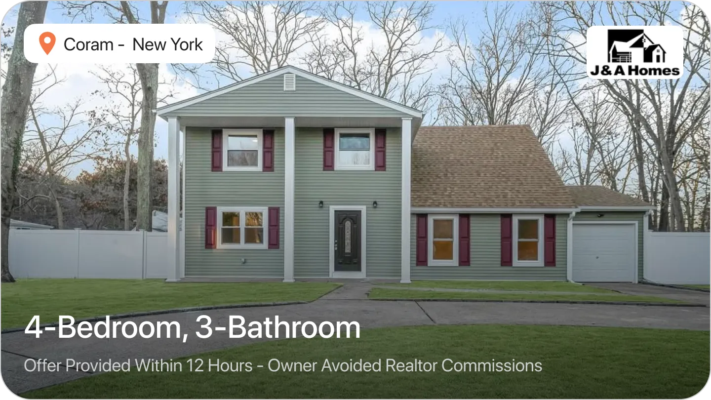 An Image of a Green house with red shutters and attached garage in Coram, NY, sold by J&A Homes