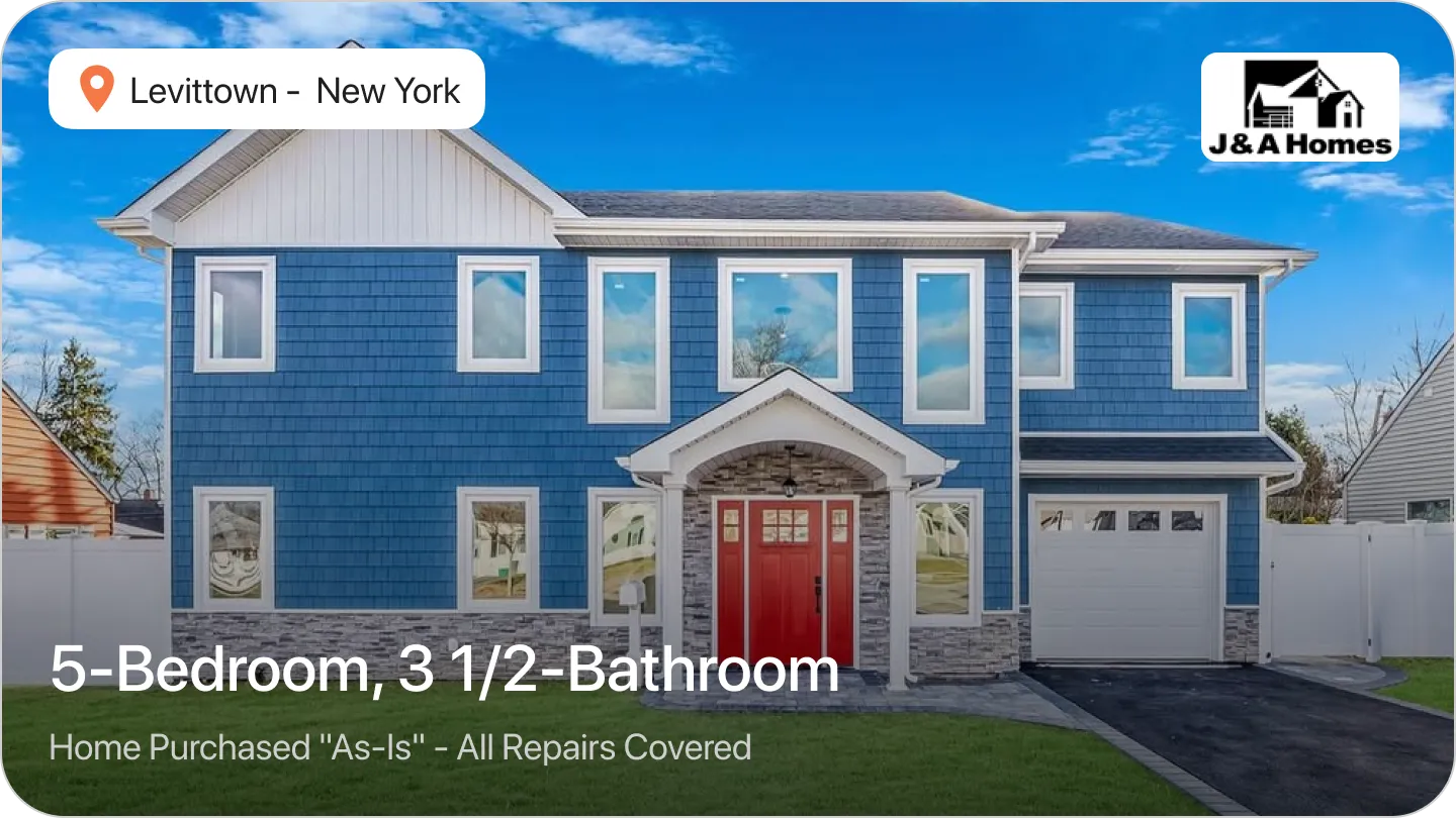 An Image of a Blue two-story house with a red door in Levittown, NY, sold by J&A Homes