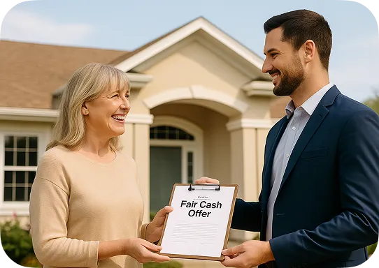An image of a man and woman exchanging a cash offer in front of a house.