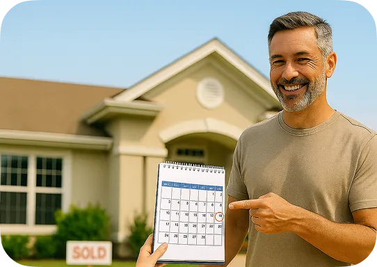 An image of a man smiling and pointing at a calendar in front of a sold home