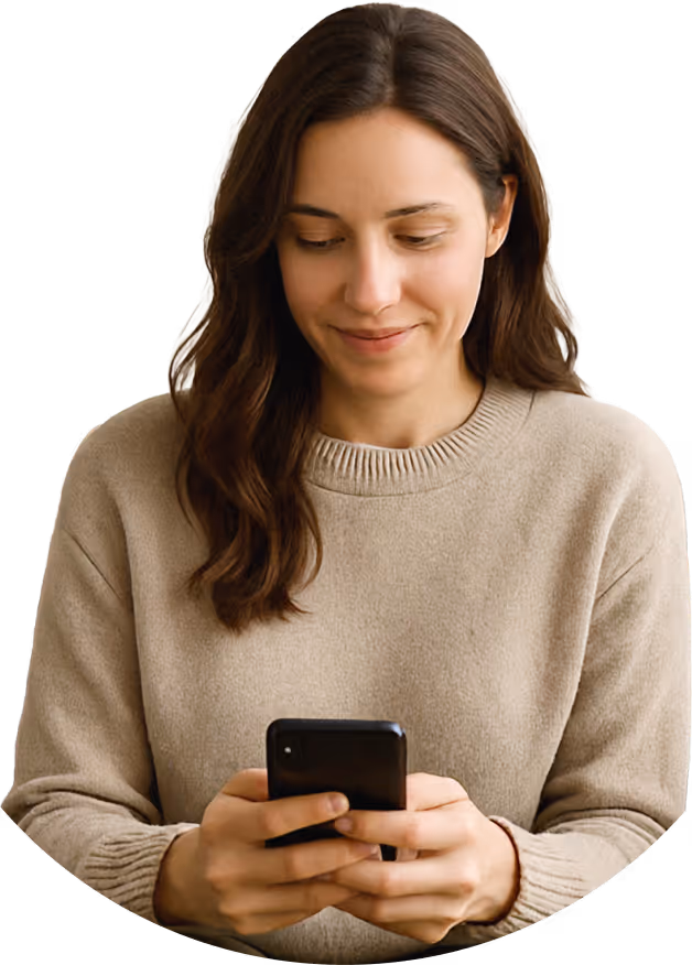 Smiling woman looking at her phone, with a digital message overlay that reads, ‘Hey Jane! We’ve received your check-in and are here to help you get set up!’