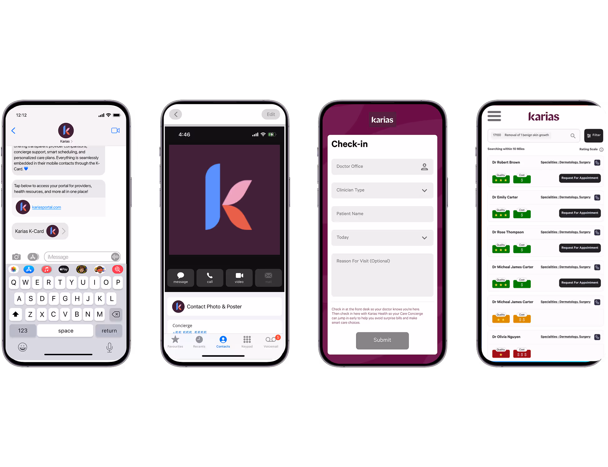Four smartphones side by side displaying different screens from the Karias health platform. Screens show: a chatbot interface, the Karias logo in an app store listing, a symptom check-in form, and a provider search results page with appointment availability.