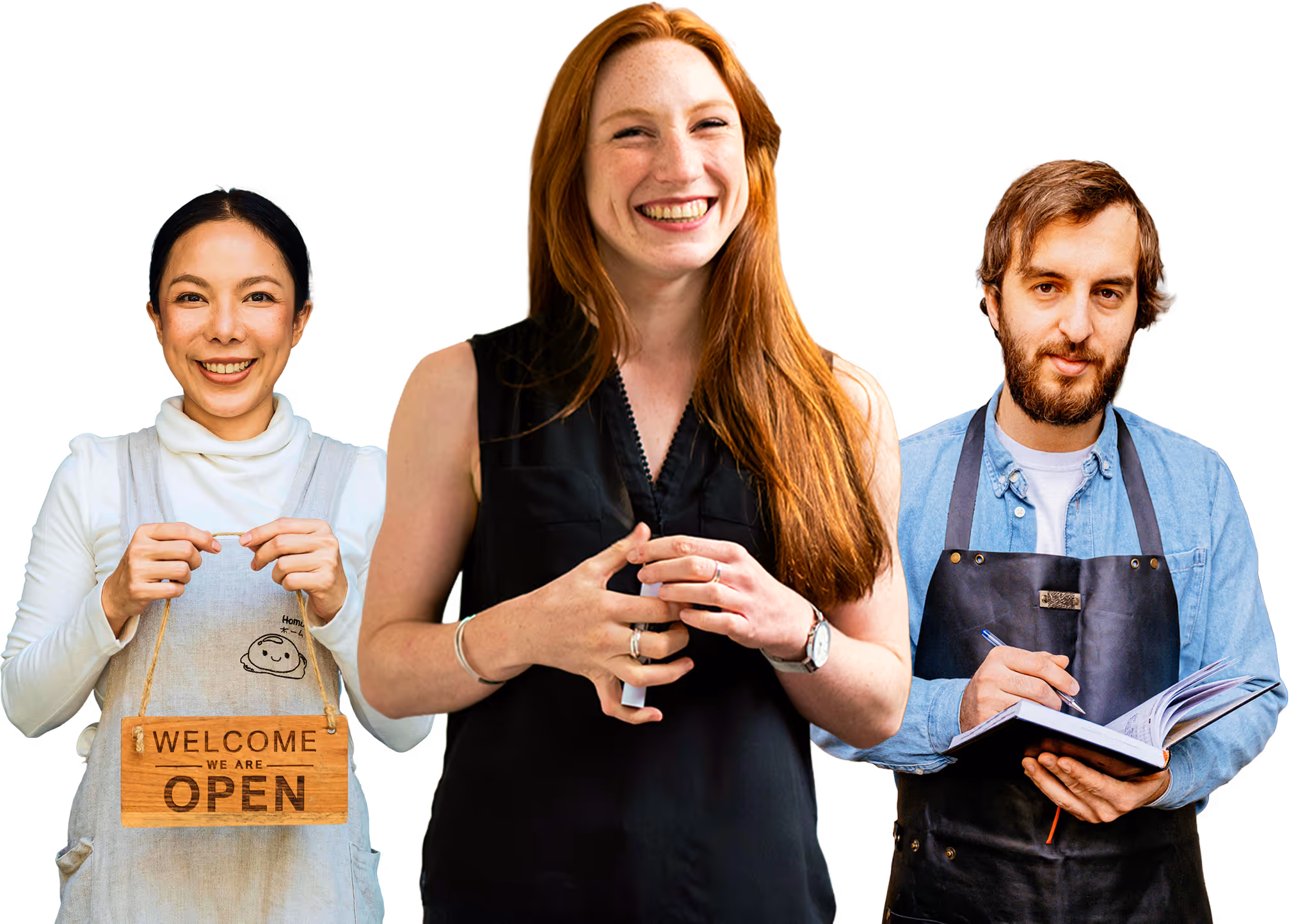 Three small business owners standing side by side and smiling. The woman on the left holds a ‘Welcome, We Are Open’ sign, the woman in the center wears a black top and clasps her hands while smiling broadly, and the man on the right wears an apron and writes in a notebook.