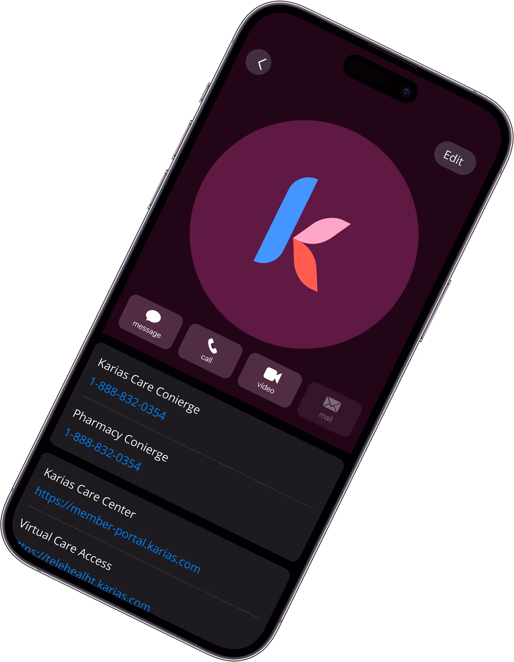 Digital Karias K-Card displayed on a phone showing doctor search and benefits access
