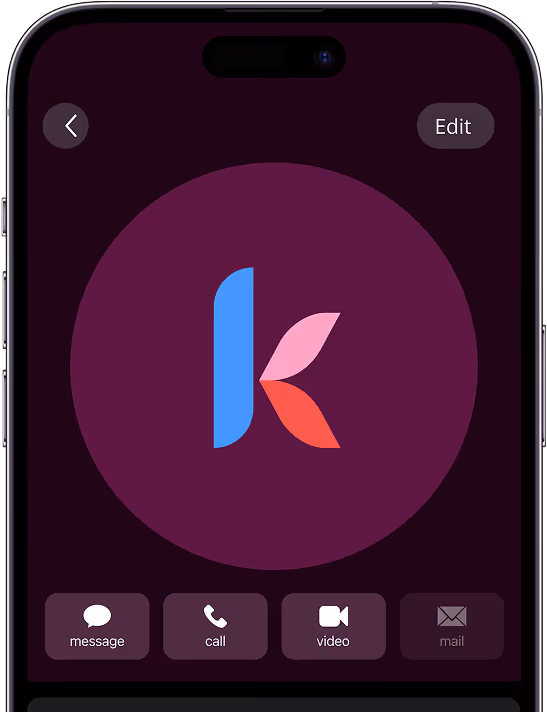 Smartphone screen displaying a contact profile with a colorful K logo, and buttons for message, call, video, and a disabled mail option.