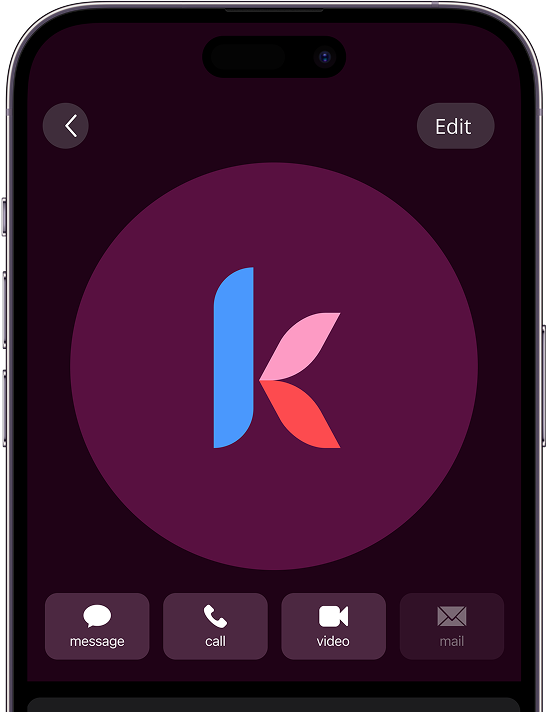 Smartphone screen displaying a contact profile with a colorful K logo, and buttons for message, call, video, and a disabled mail option.