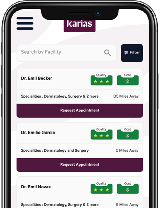Mobile screen showing Karias app with search bar, filter button, and list of doctors with ratings, cost, specialties, distance, and appointment request buttons.