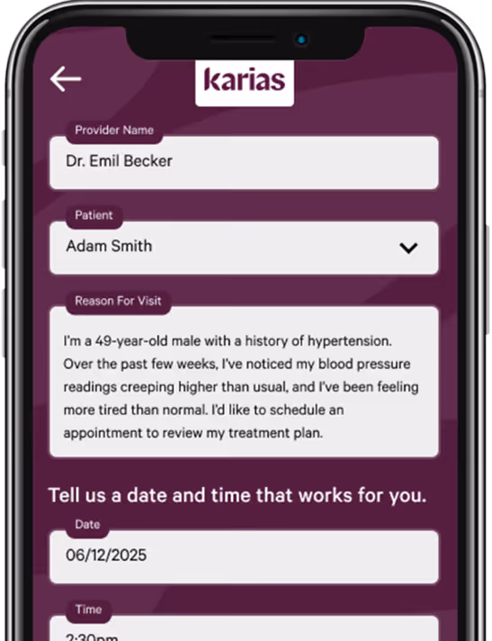 Mobile screen of Karias app showing appointment scheduling form with provider Dr. Emil Becker, patient Adam Smith, reason for visit describing hypertension symptoms, and fields to select date and time.