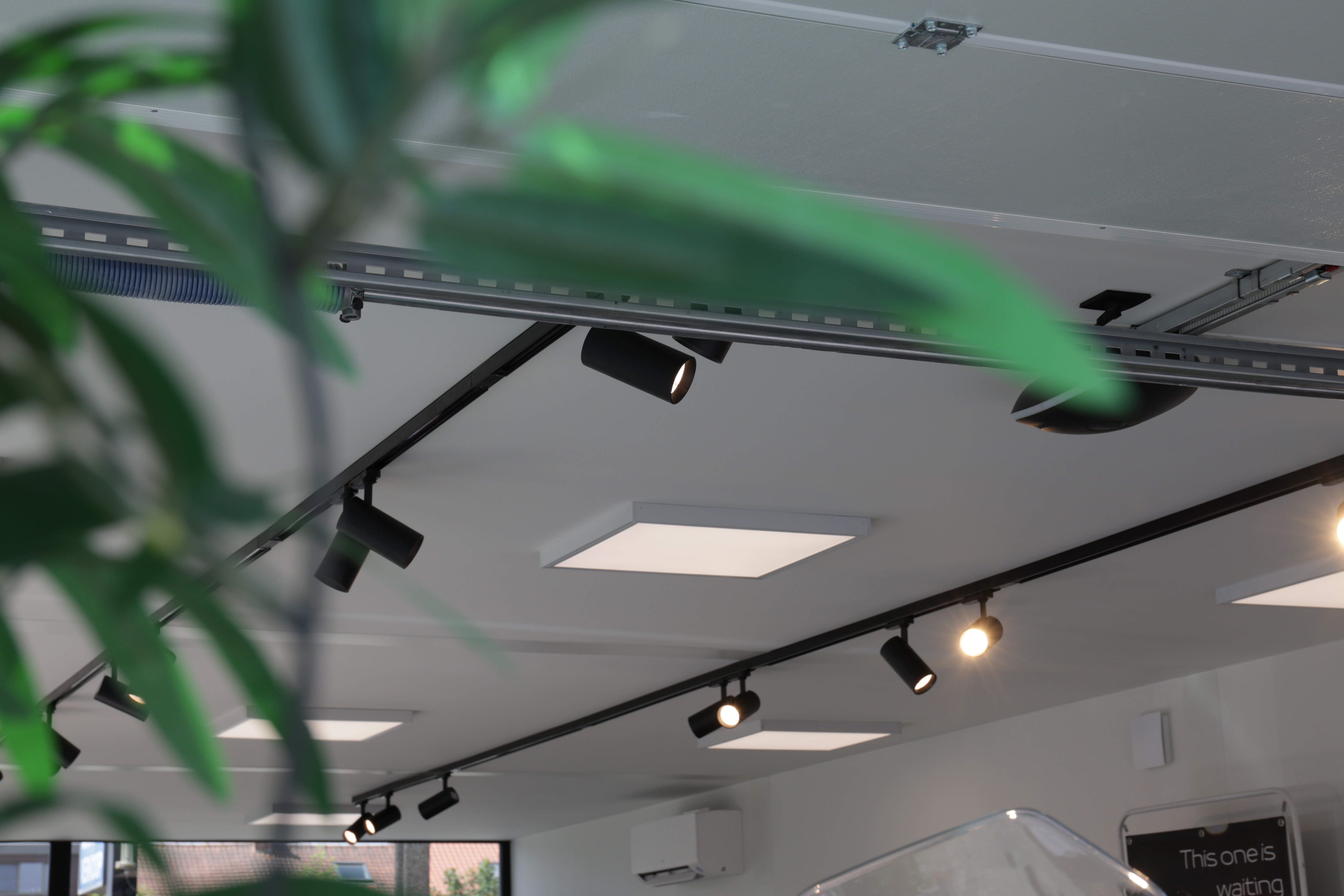 Heldere plafondlampen en moderne armaturen zijn zichtbaar, omlijst door weelderige groene bladeren in een eigentijdse modulaire unit.