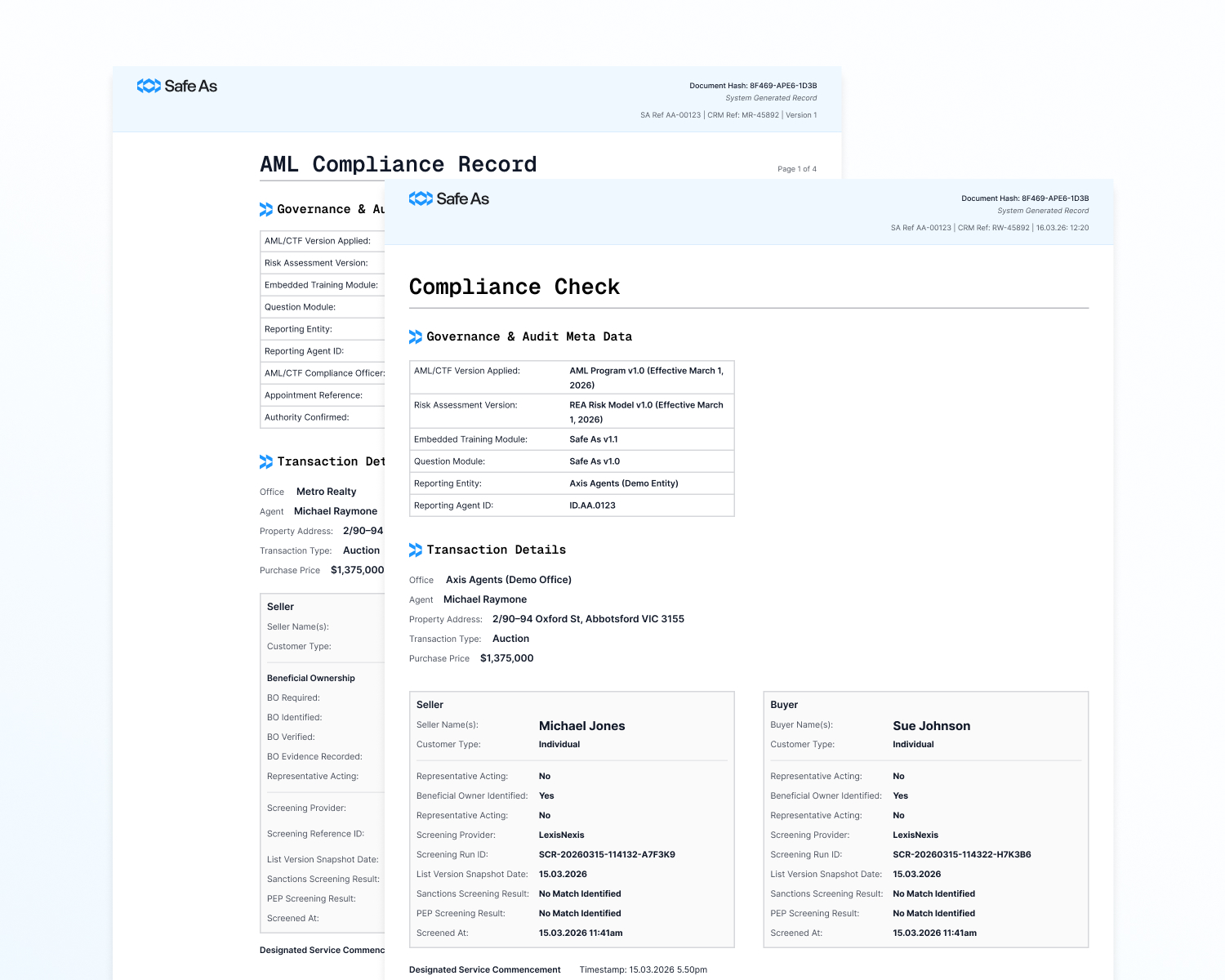 AML compliance report document displaying audit metadata, transaction details, and compliance status.