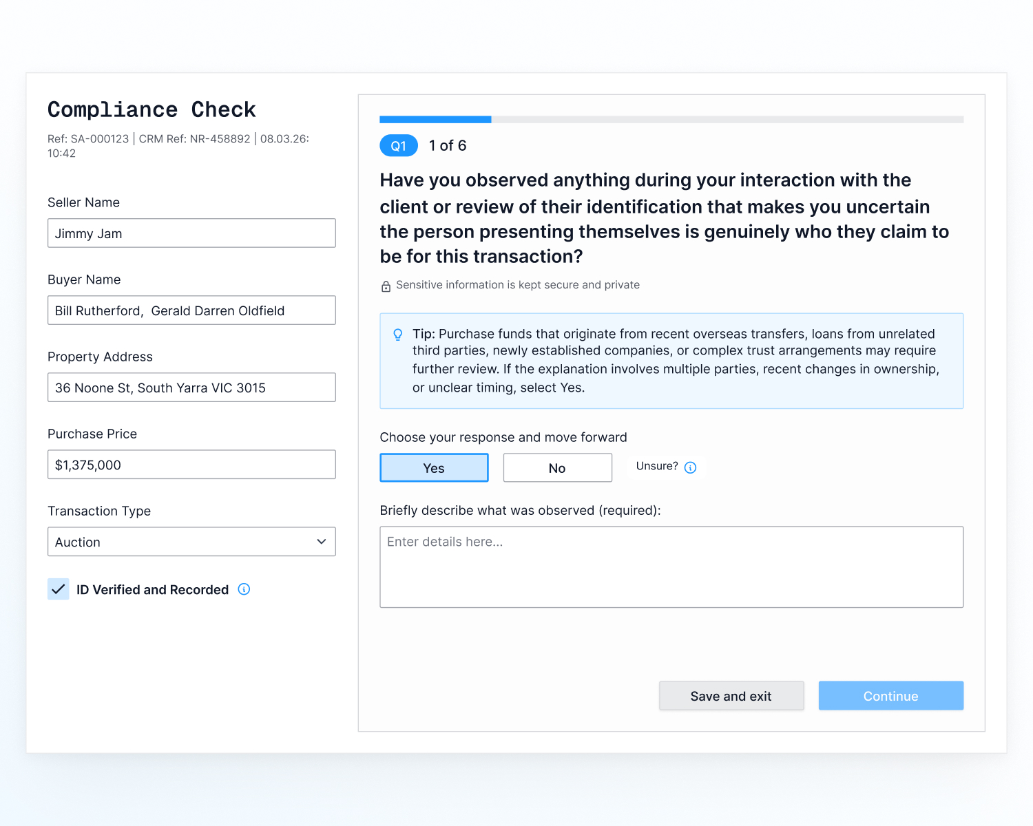 Compliance check form showing property transaction details and a question about whether the client is acting on behalf of another party, with Yes/No options and a notes field.