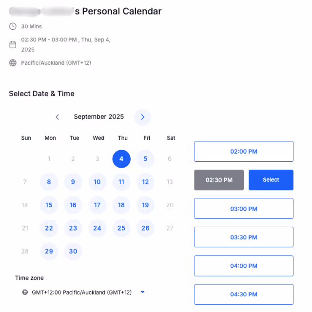 Screenshot of The calendar booking tool on the Jumpalead app