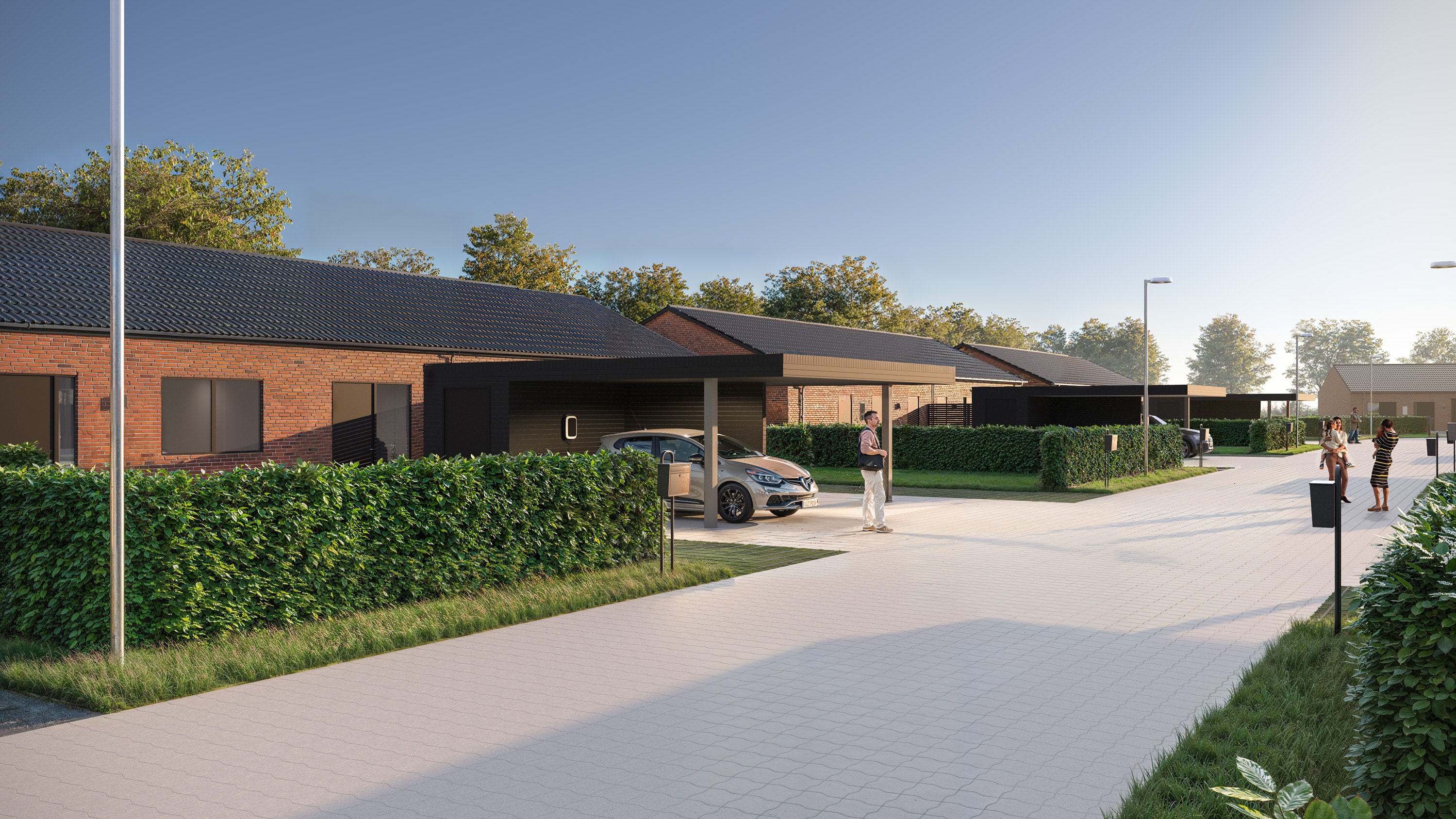 Boligområde med vej og carport