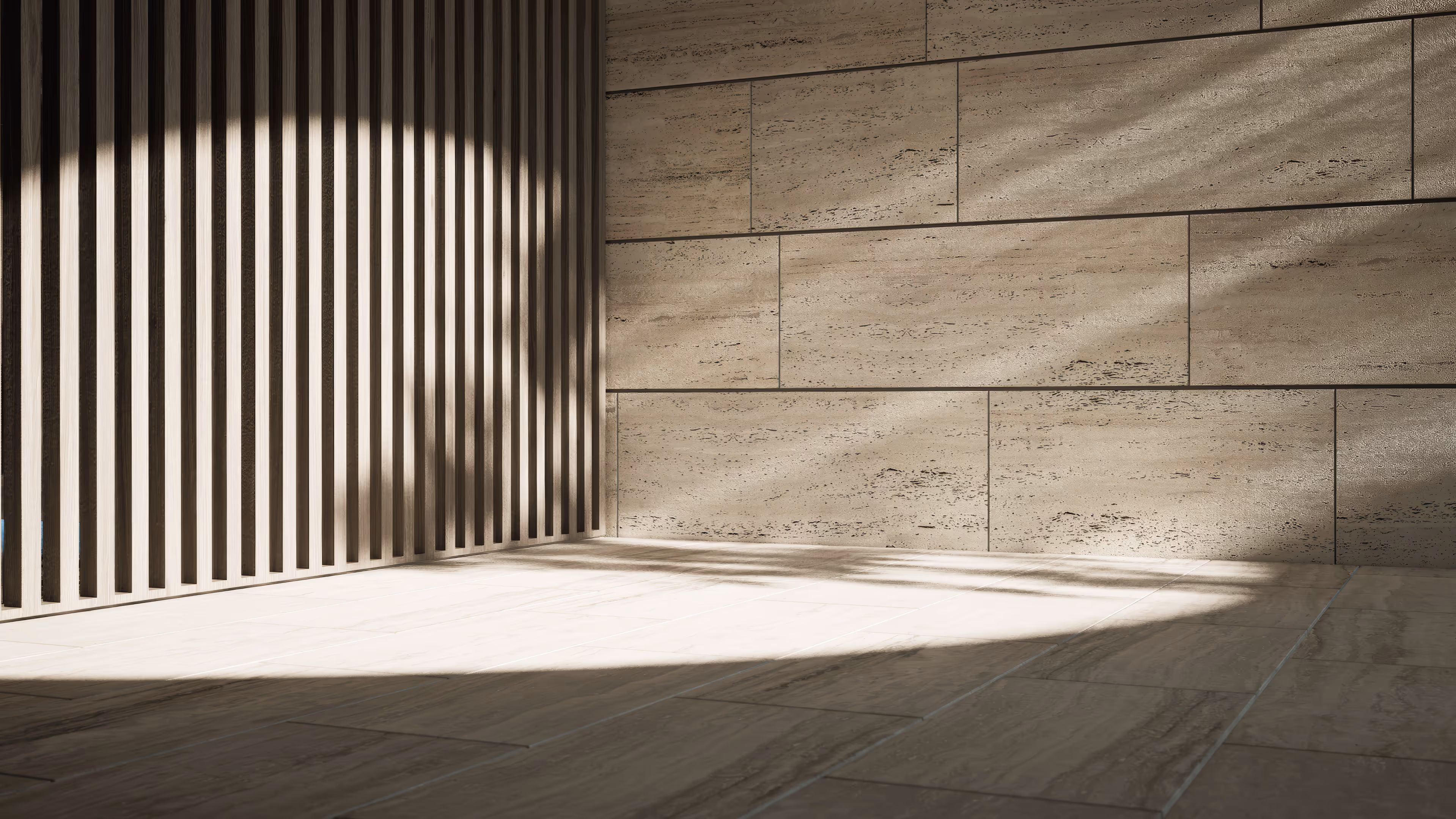 Sunlight casting shadows through vertical wooden slats onto tiled beige stone walls and floor.