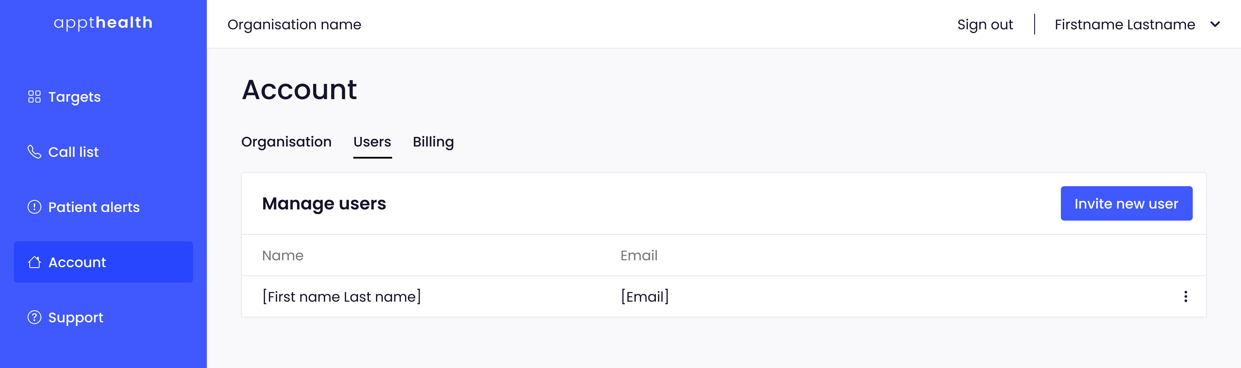 Screenshot showing the Appt Health platform, with the Account menu item selected and the "Users" tab selected after that