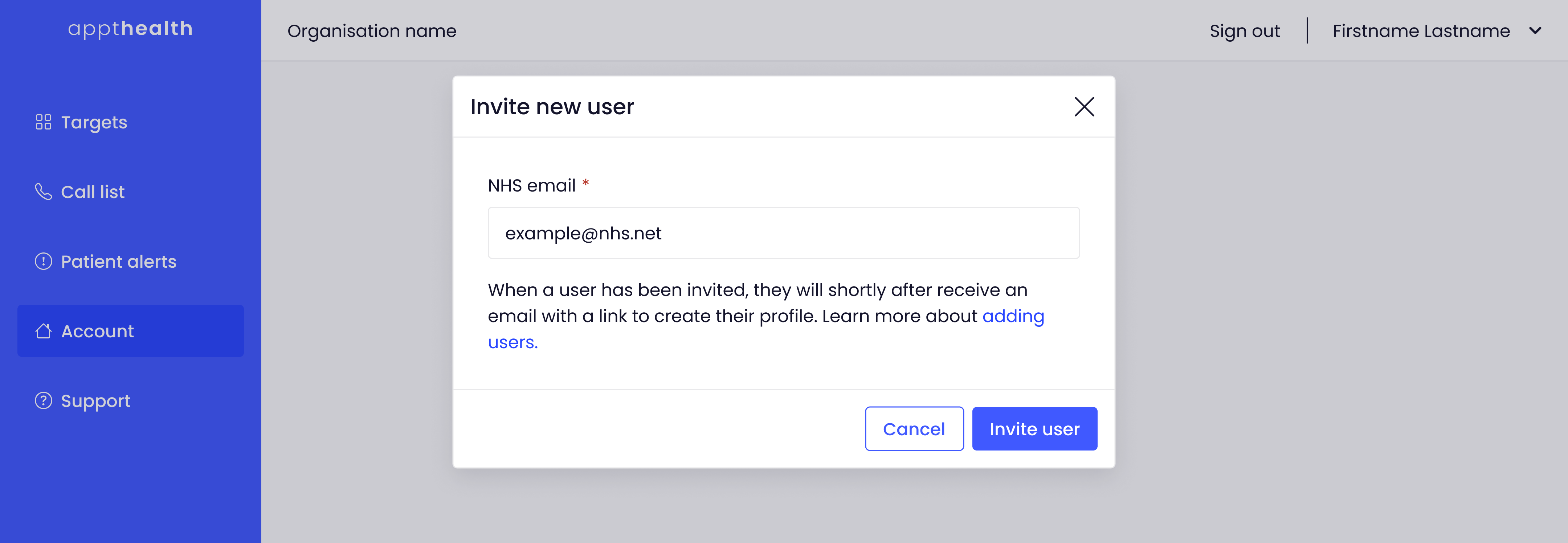 A screenshot of the Appt Health platform which shows the "Invite new user" modal, into which you can enter an NHS email address to invite a new user