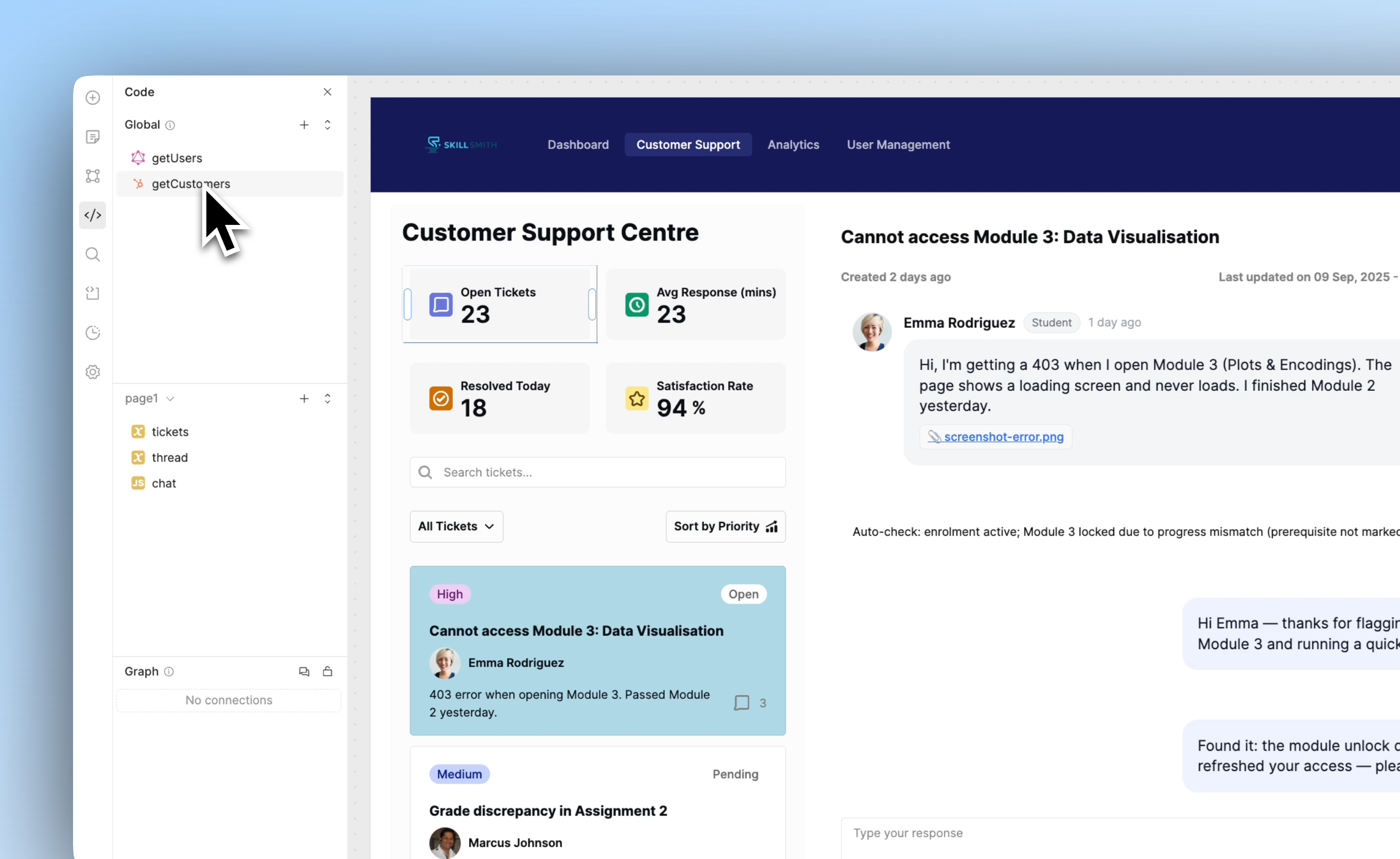A customer support dashboard built custom in Retool for education