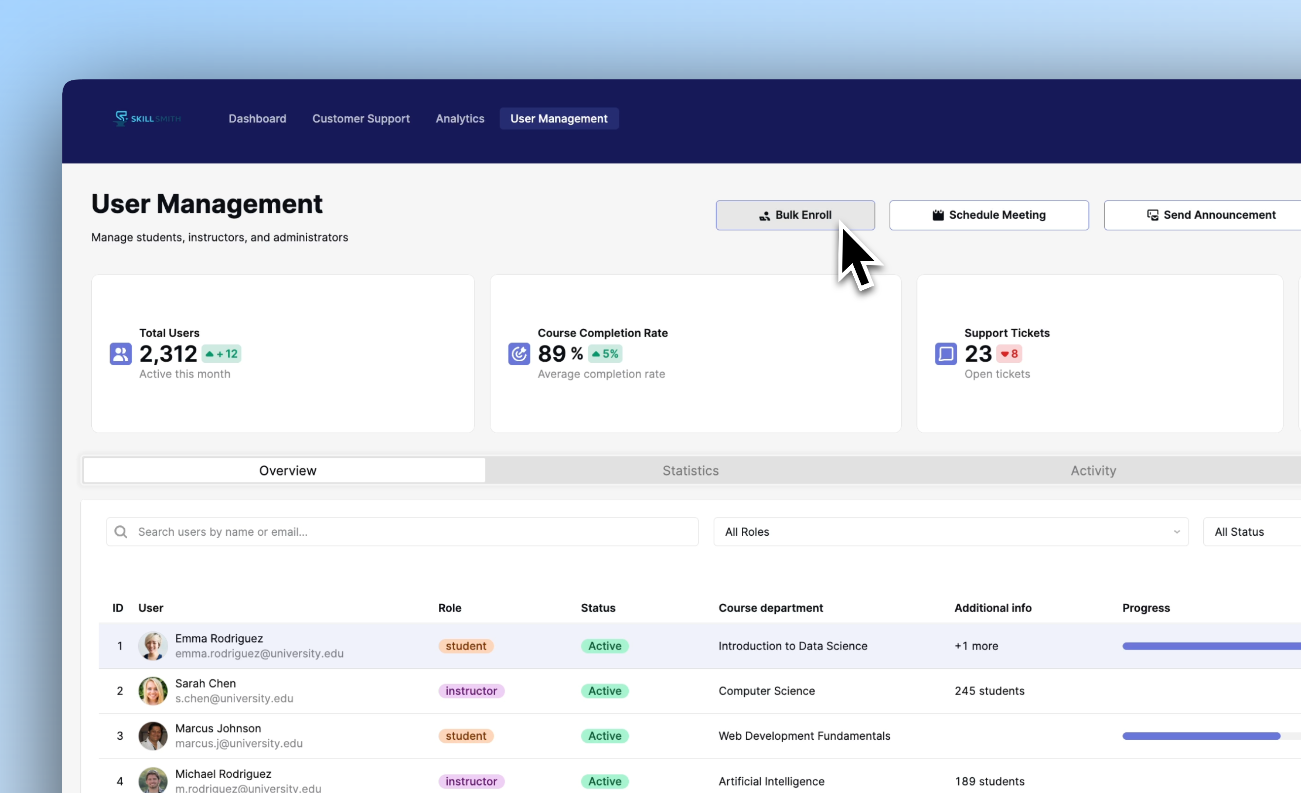 A user management dashboard built custom in Retool for education