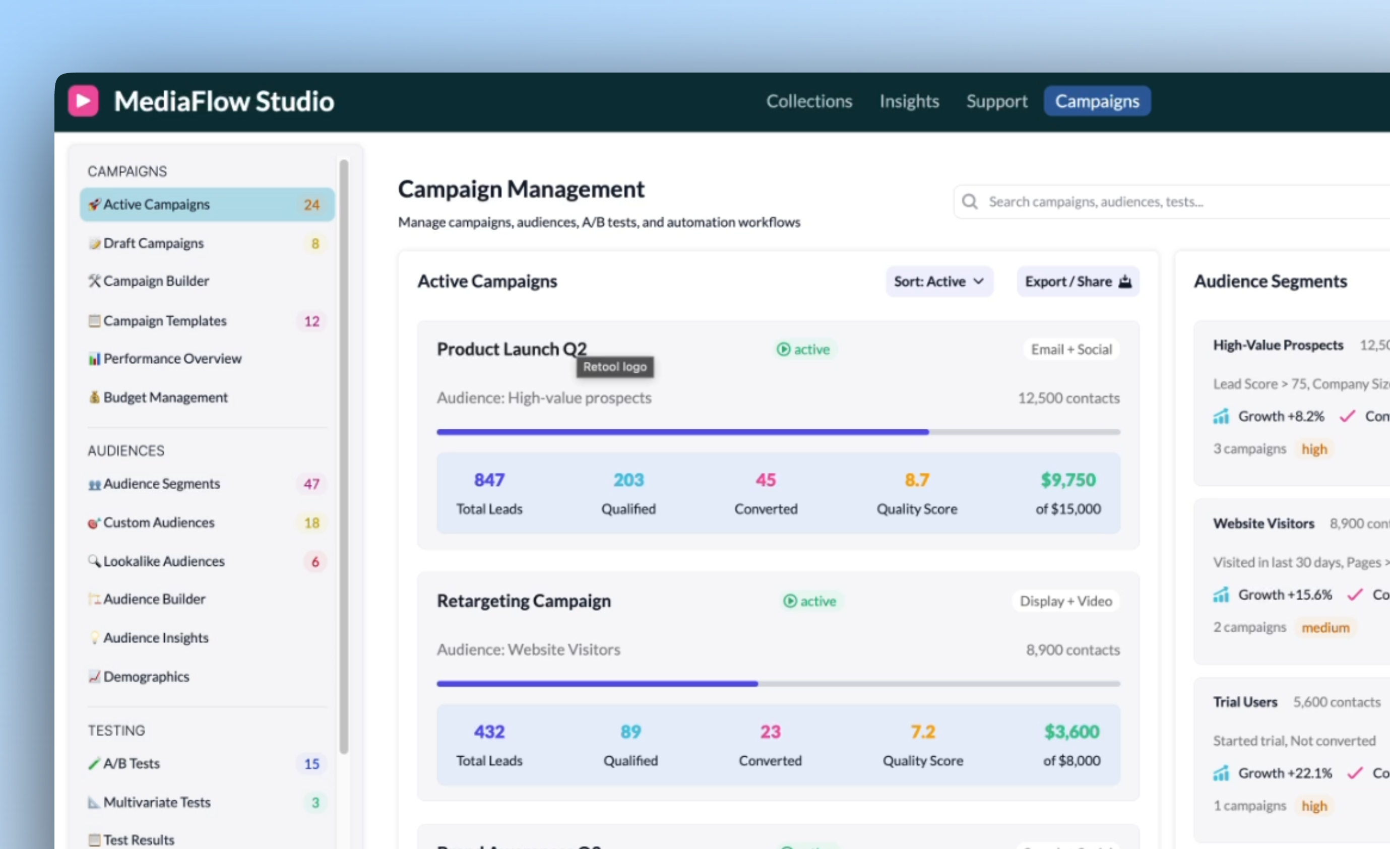 A custom media app for managing media campaigns, built custom in Retool by Bold Tech