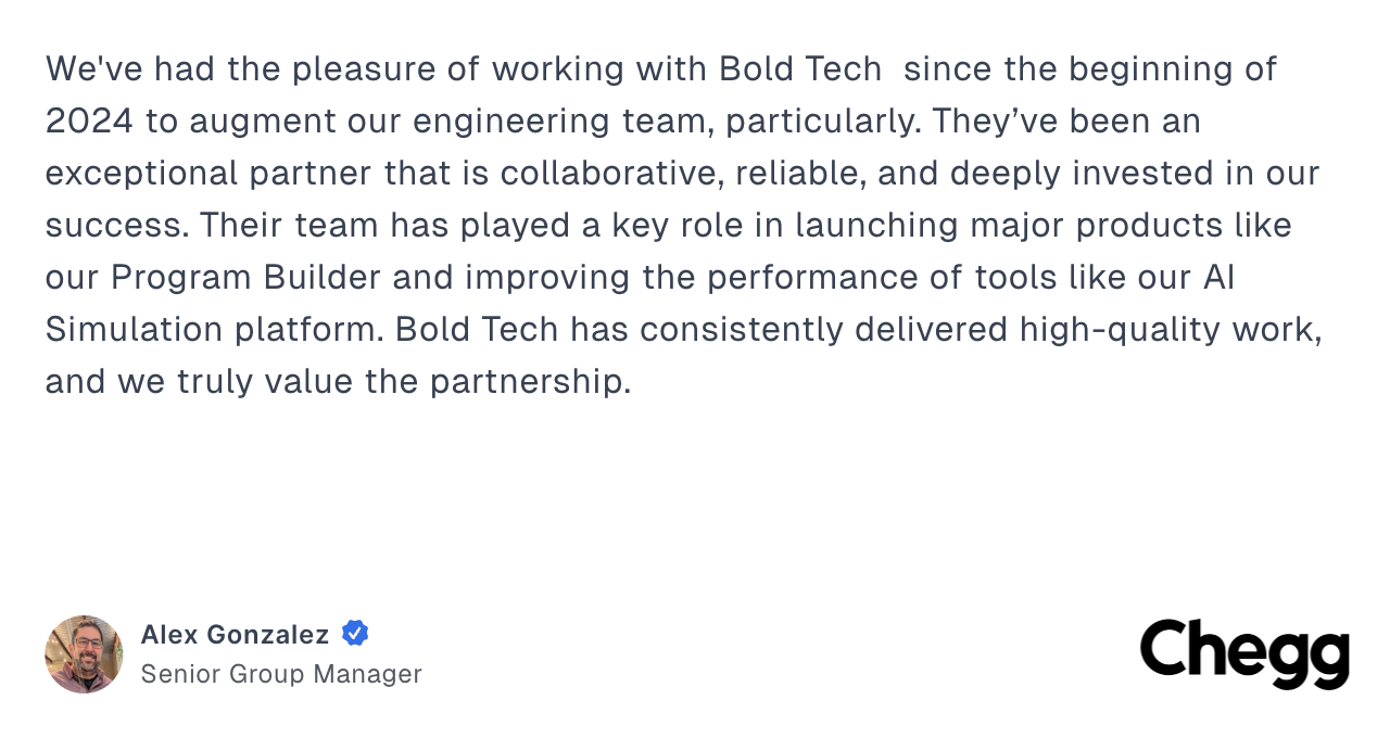A testimonial from Chegg about working with Bold Tech in Retool to build their internal tools