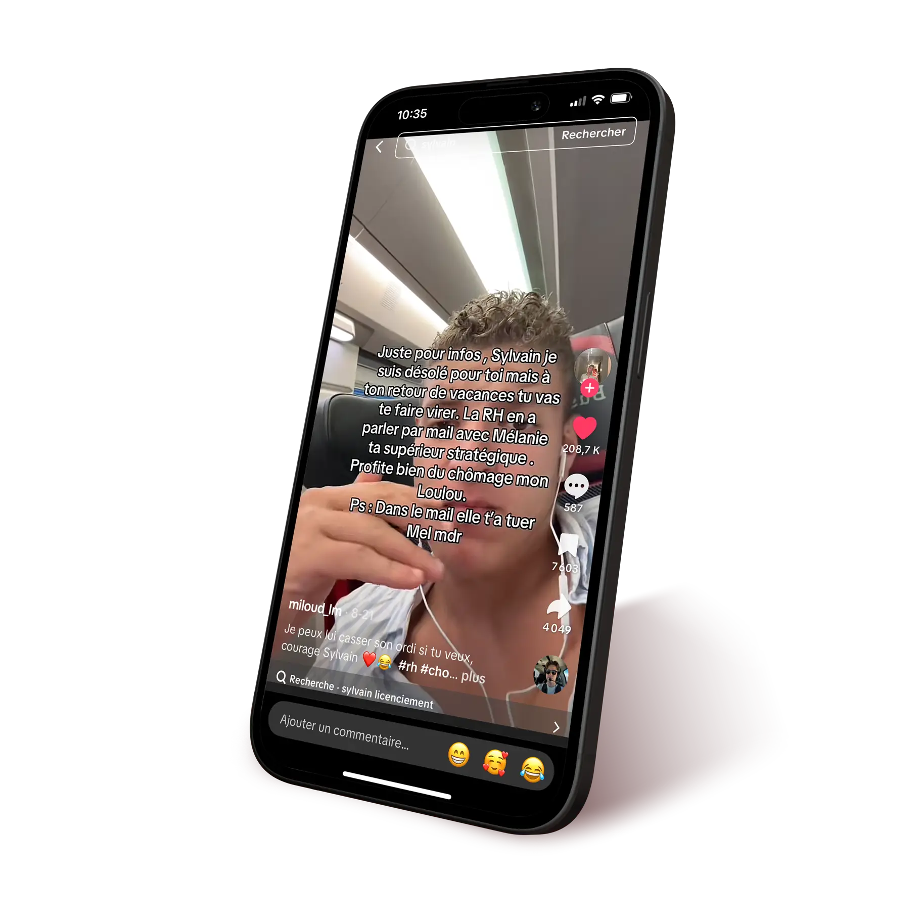 Mockup of Miloud's Tiktok about Sylvain's case on a smartphone