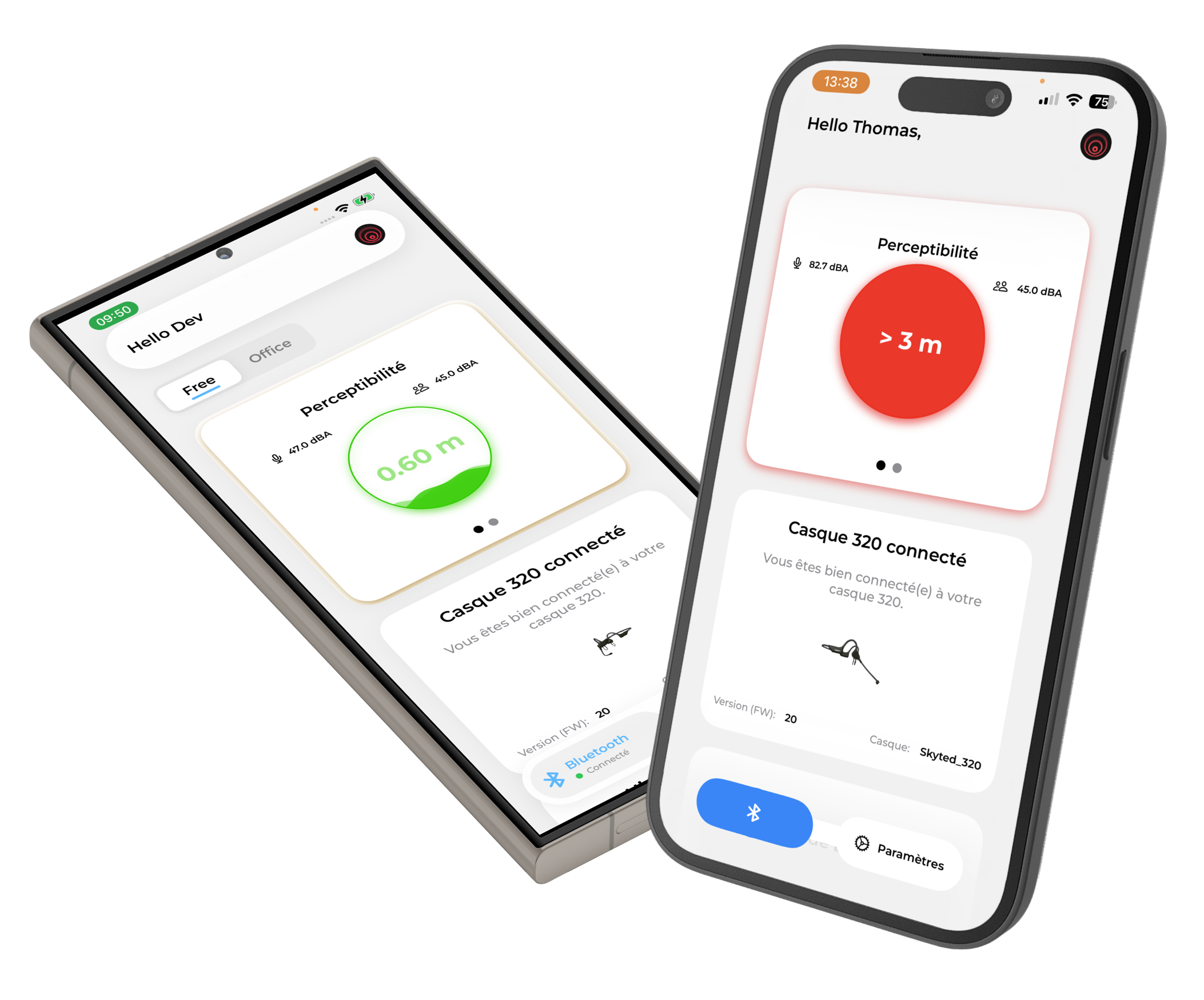 Two smartphones displaying an app interface showing headset connection status and perceptibility distance, one screen shows 0.60 m in green, the other shows >3 m in red.