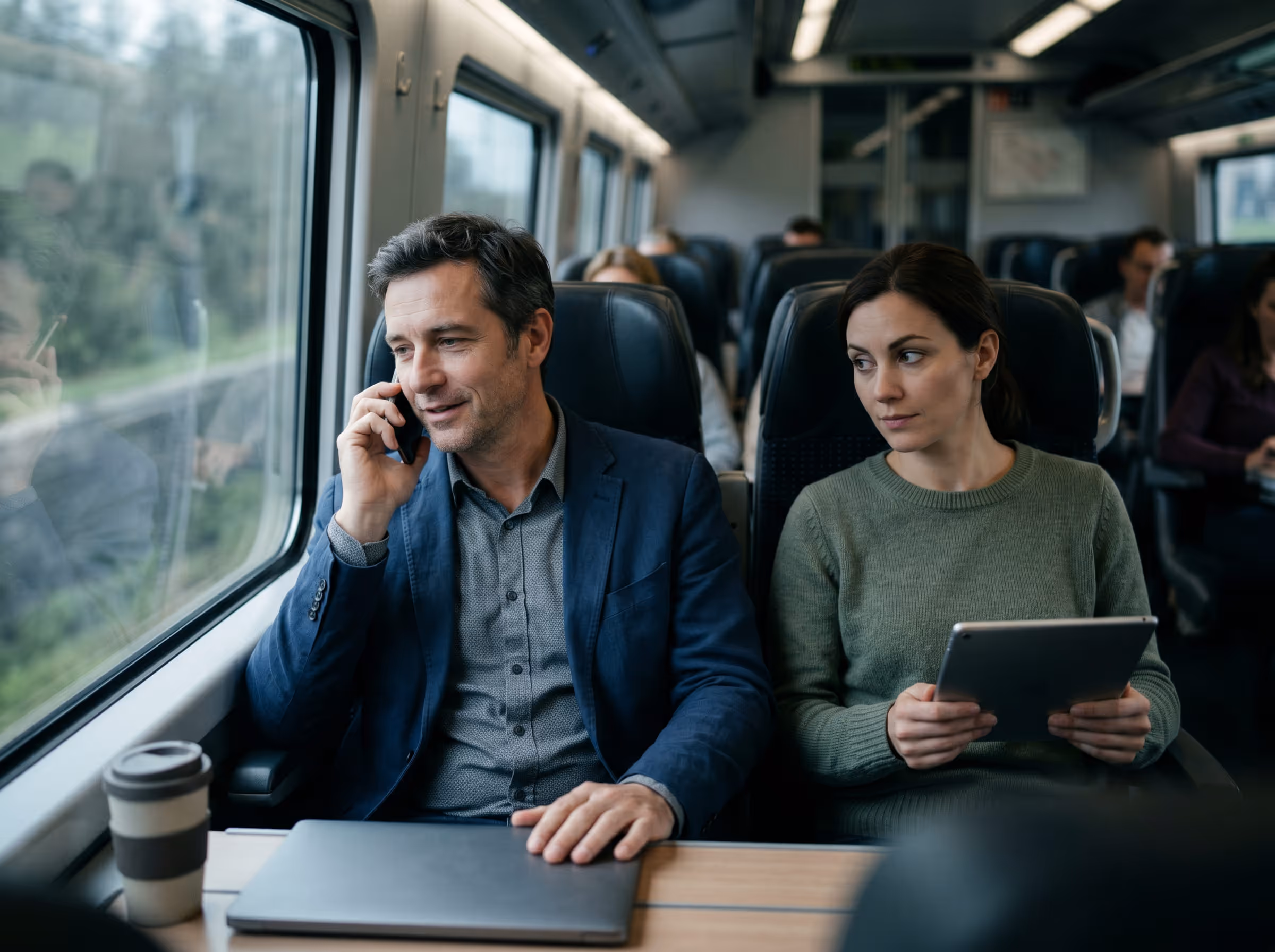 Man talking on phone and woman holding tablet sitting side by side on a train with a coffee cup on the table.