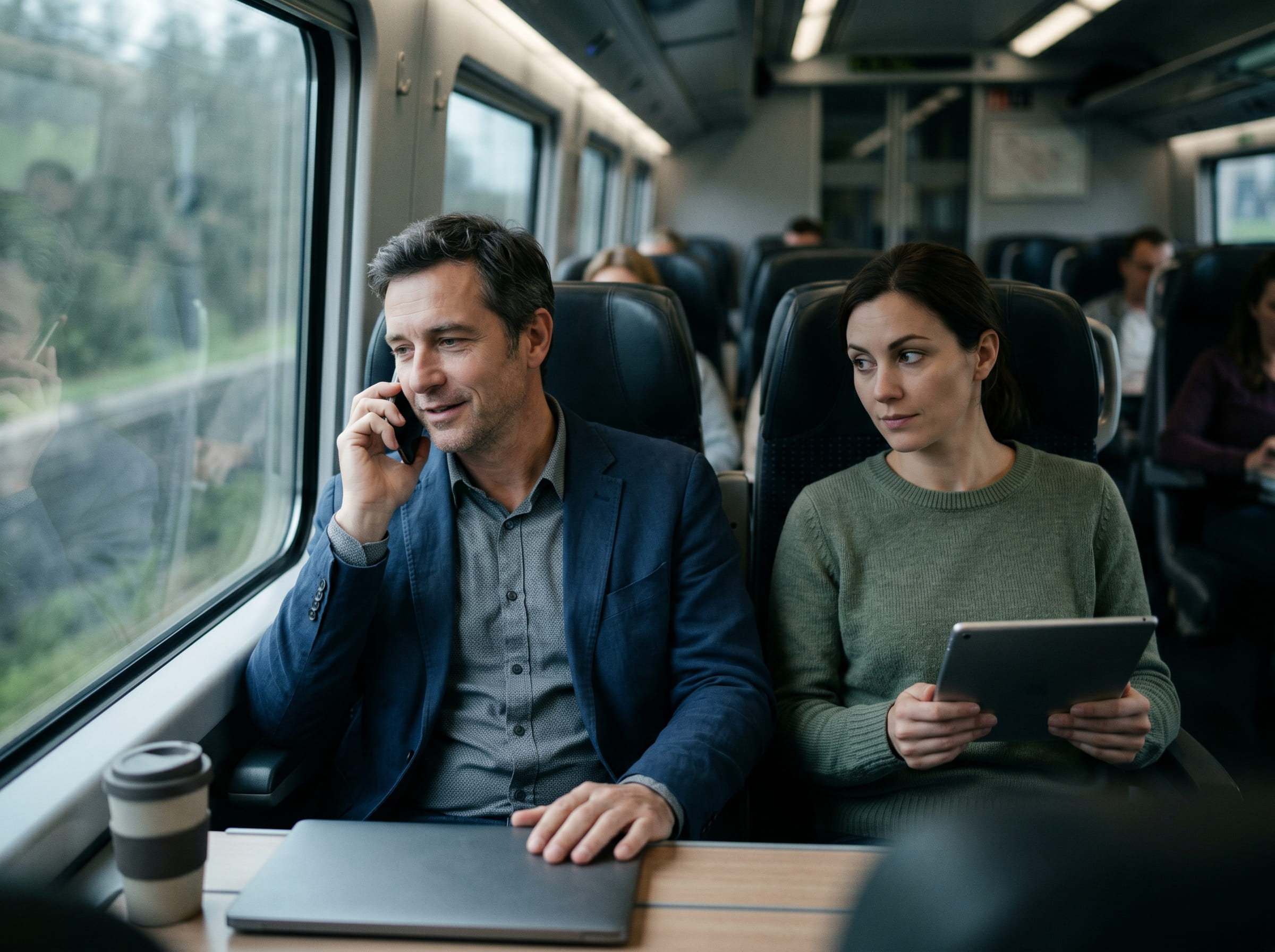 Man talking on phone and woman holding tablet sitting side by side on a train with a coffee cup on the table.