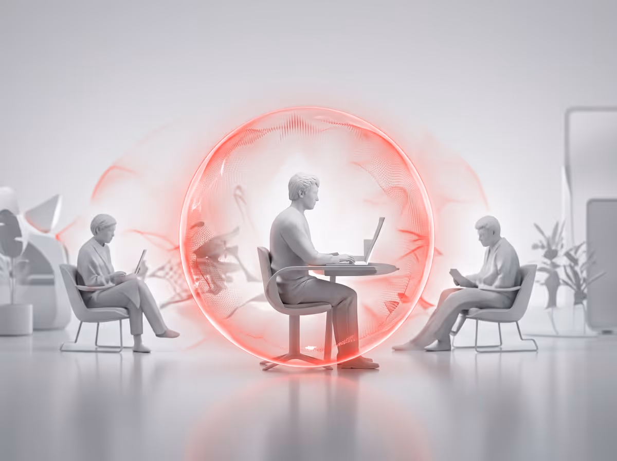 Three people seated working on devices; one is inside a glowing red digital protective bubble.