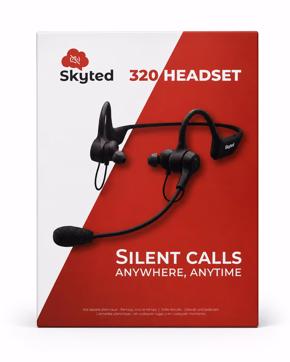 Skyted 320 headset with microphone for silent calls anywhere, anytime on red and white background.