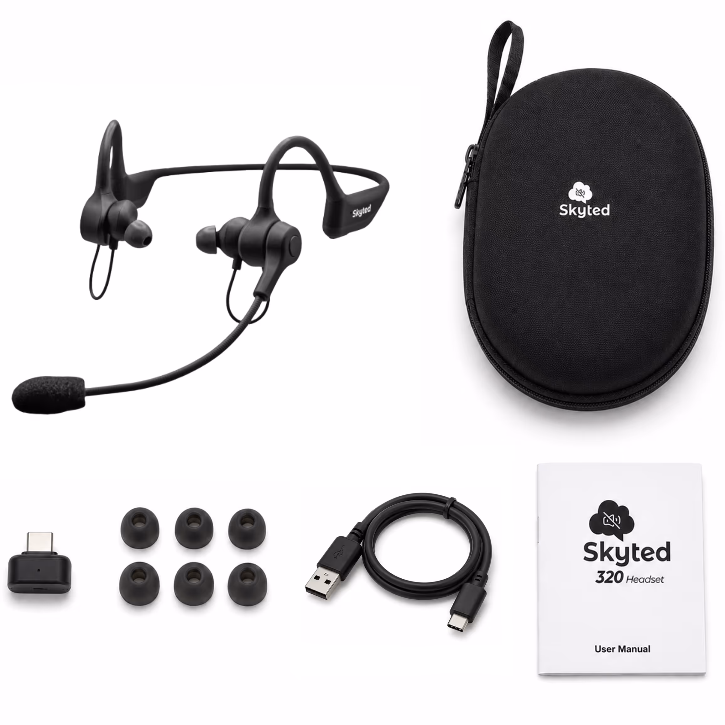 Skyted headset package with headset, carrying case, USB-C adapter, earbuds, charging cable, and manual.