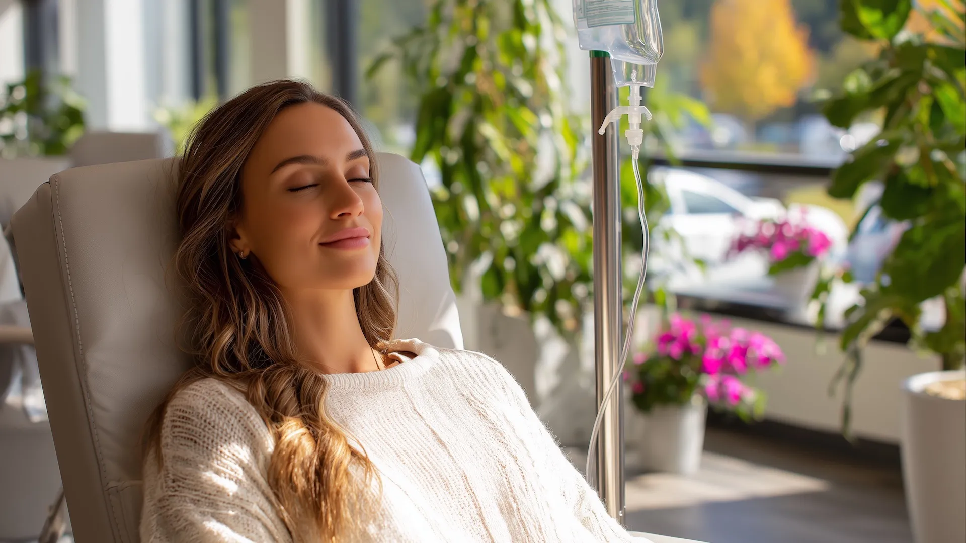 Woman relaxing with eyes closed while receiving IV drip therapy in bright plant-filled room