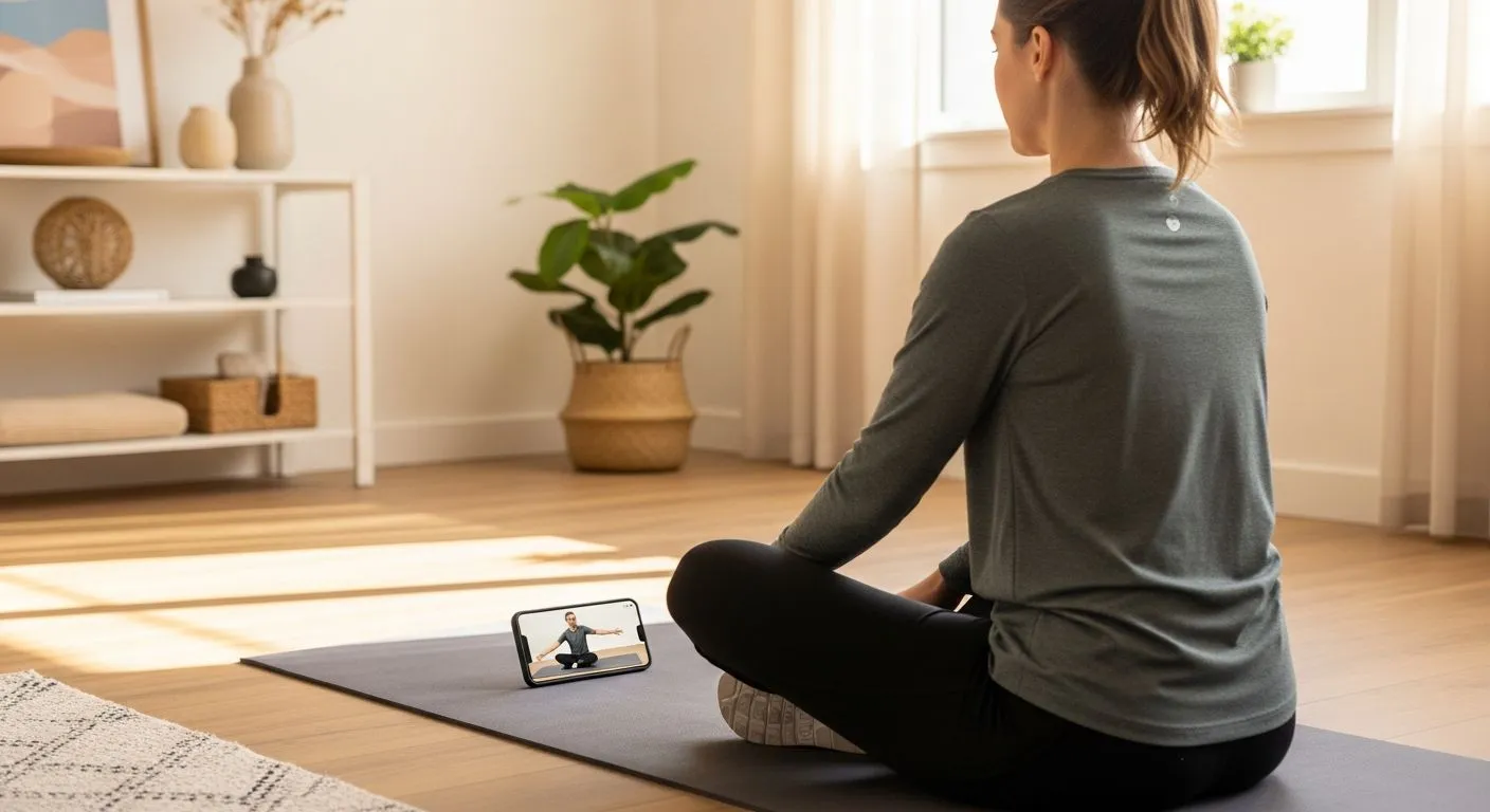 Frau sitzt auf einer Yogamatte in einem hellen Raum und folgt einer Yoga-Anleitung auf dem Smartphone.