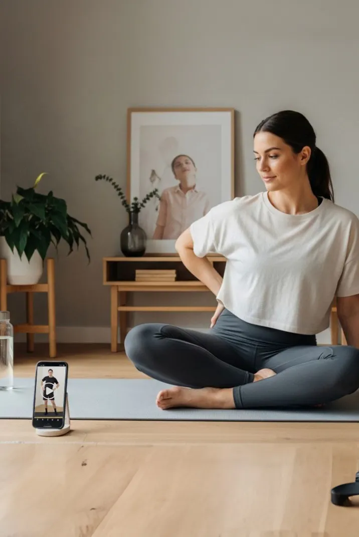 Frau sitzt auf Yogamatte im Schneidersitz und macht Rückendehnung, während sie auf ein Smartphone mit einer Online-Trainingsvideo zeigt.