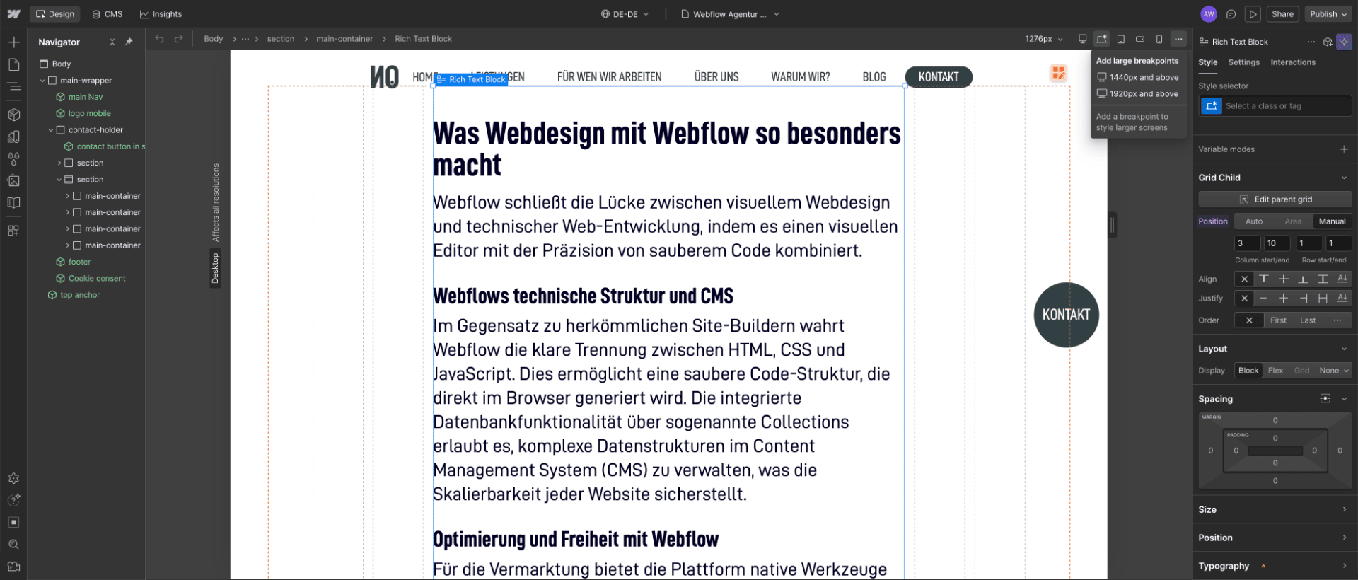 Designer-Ansicht von Webflow