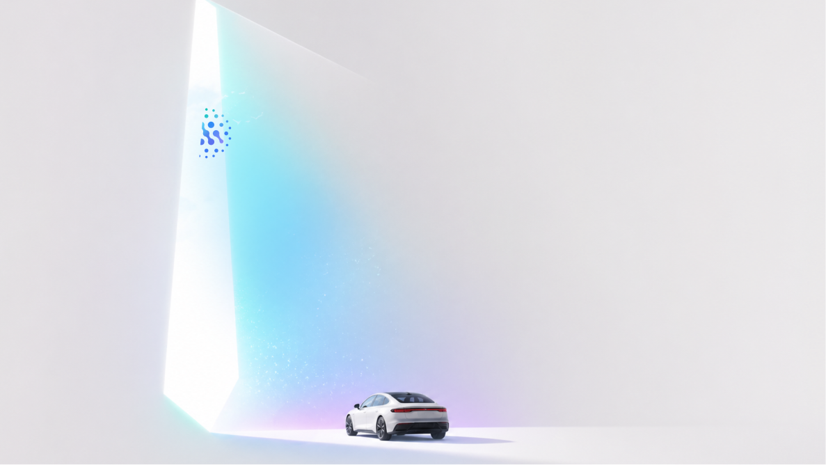 White modern car facing a large bright triangular opening with blue and purple light beams.