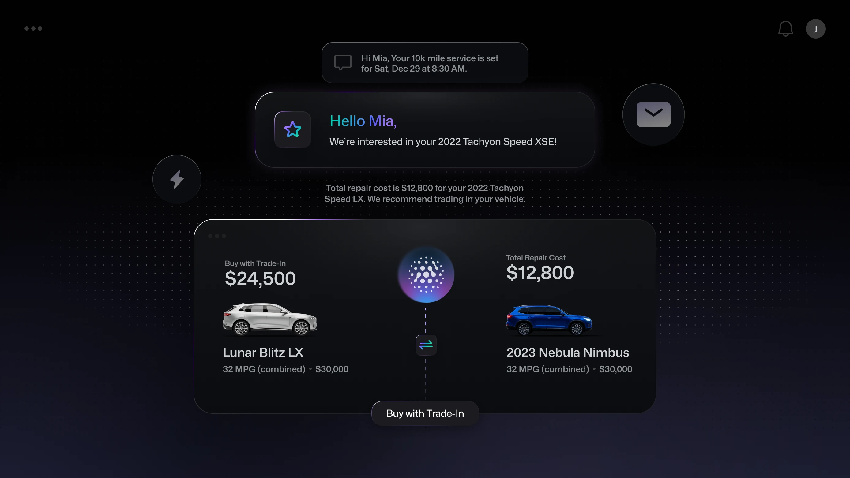 Car trade-in offer comparing Lunar Blitz LX $24,500 and 2023 Nebula Nimbus $12,800 repair cost.