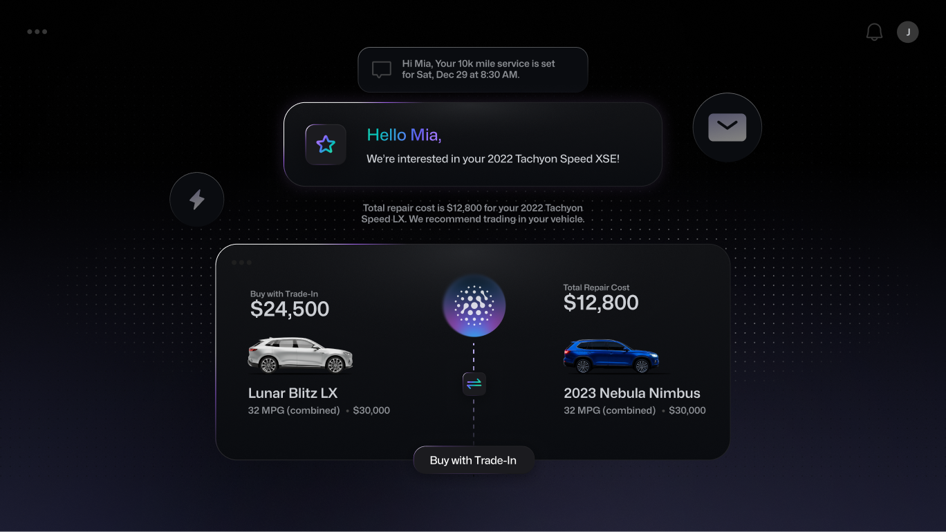 Car trade-in offer comparing $24,500 Lunar Blitz LX and $12,800 repair cost for 2023 Nebula Nimbus.