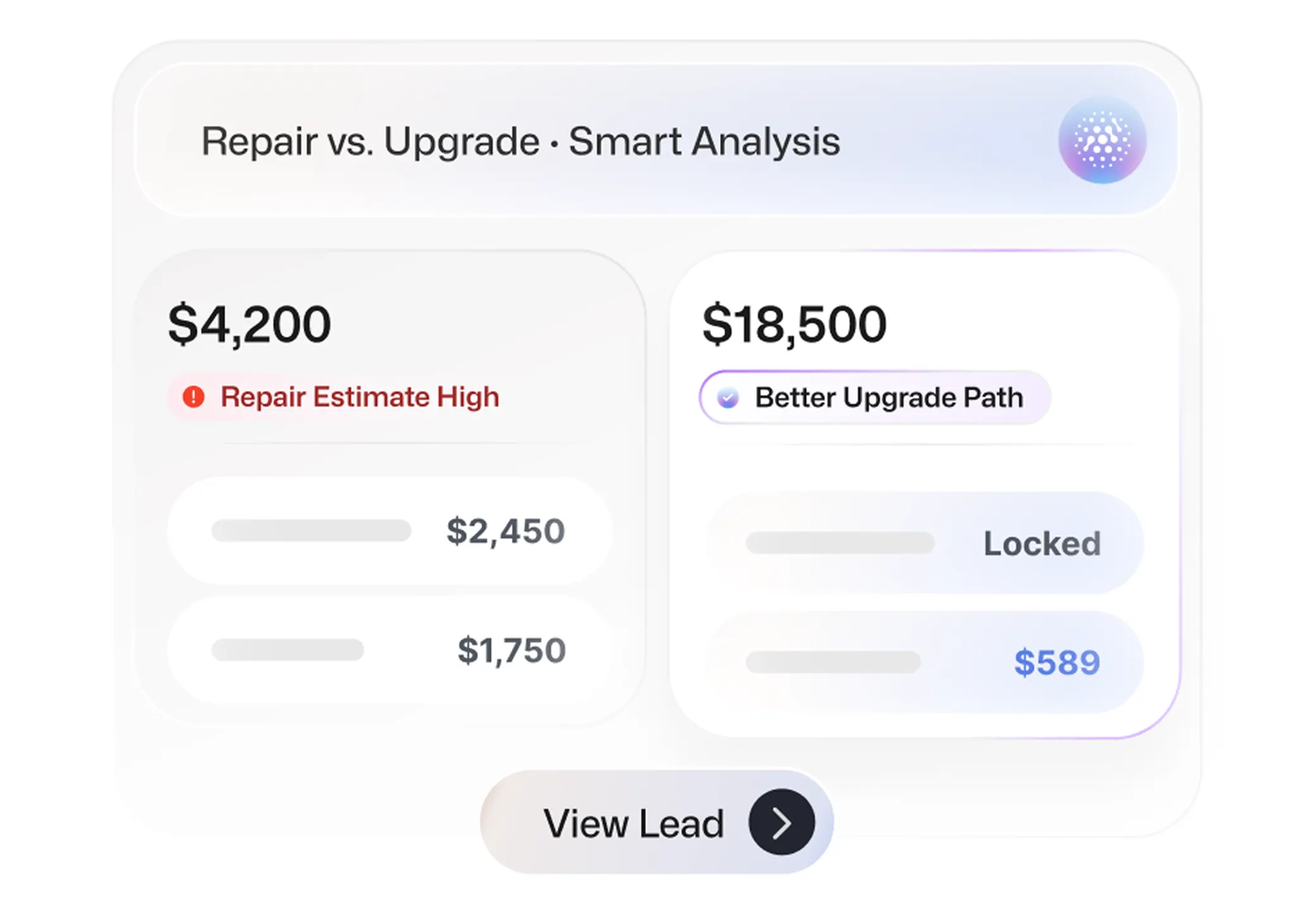 Repair vs upgrade cost comparison showing $4,200 repair with high estimate and $18,500 upgrade marked better.